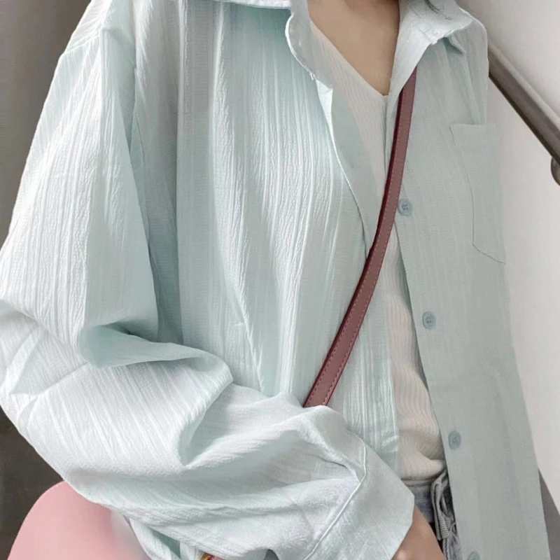 Свободни ризи с дълъг ръкав Дамски модни креп върхове джобове твърди пролет лято слънцезащитен офис Mujer Blusas корейски стил Y2k Изображение 2