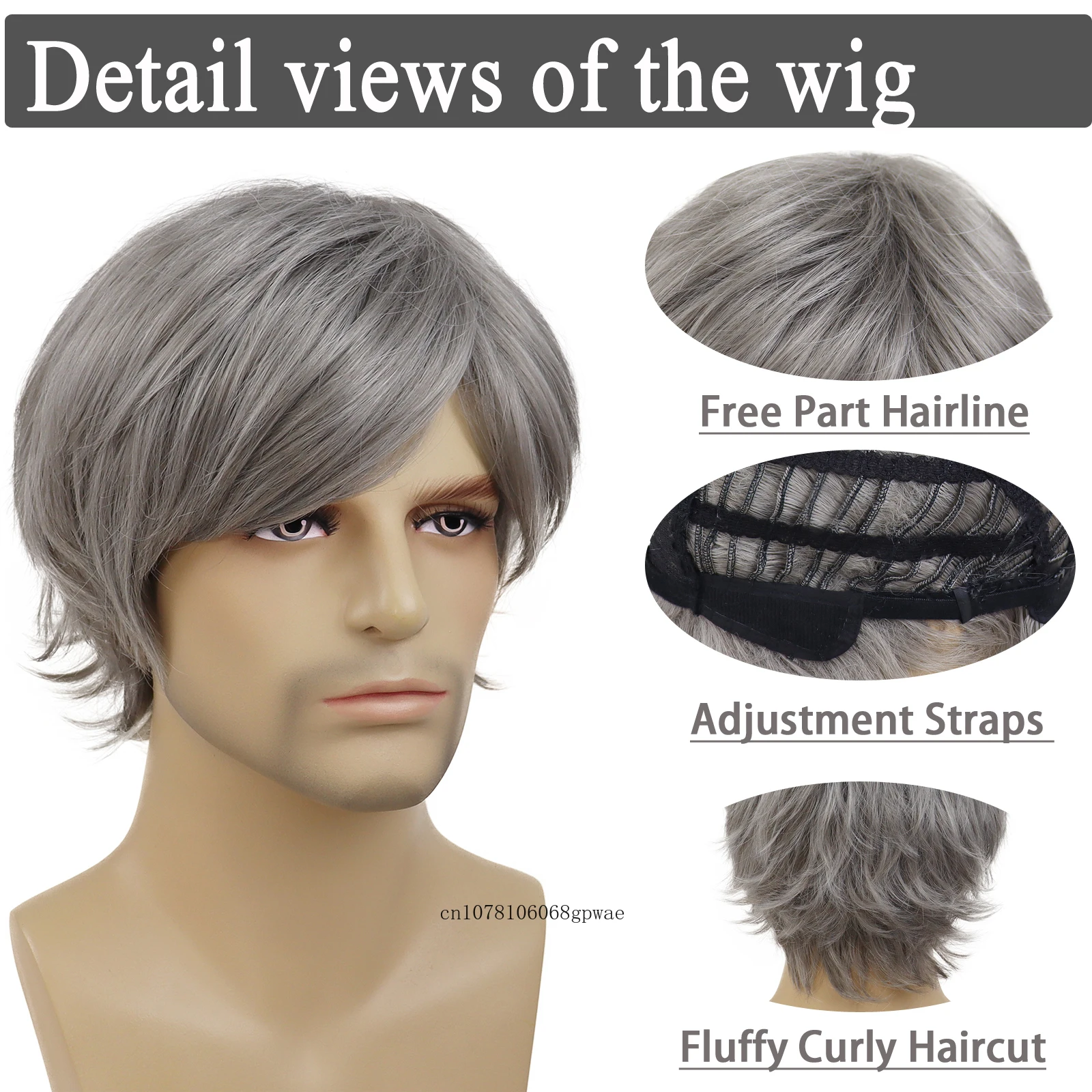 Сиви синтетични перуки за мъже Къса вълна прическа естествена коса по-възрастен мъж перука с бретон Хелоуин парти топлоустойчив фалшива коса Изображение 2