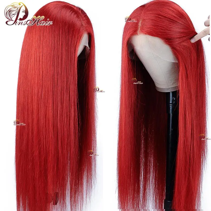 червена дантела отпред перуки от човешка коса права коса бордо 99J цветна 13x4 дантелена предна перука за жени предварително оскубана Remy човешка коса 180% Изображение 2