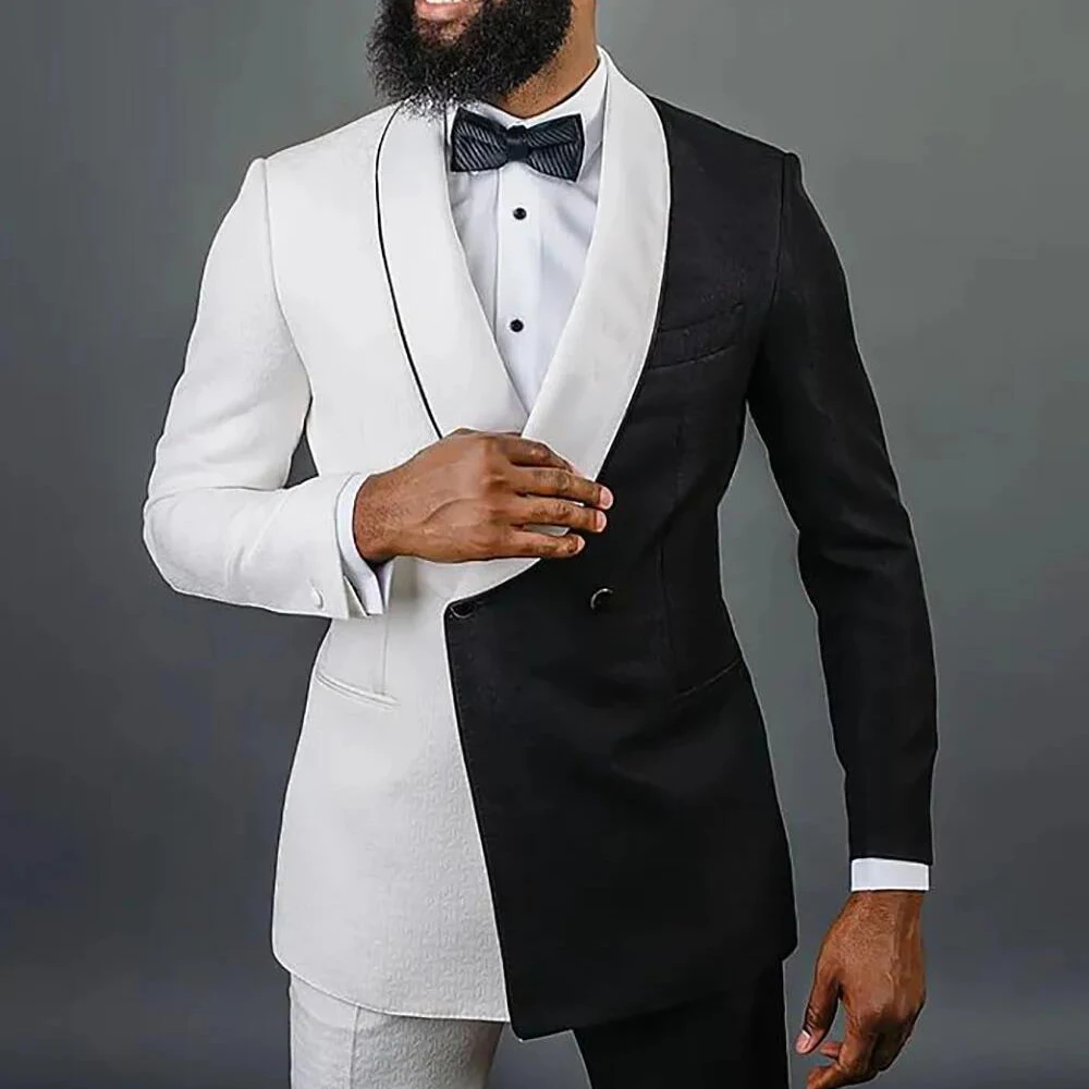 Черно и бяло съвпадение сватба мъже костюм двуреден красив мъжки абитуриентски парти официално облекло (яке + панталони) Изображение 2