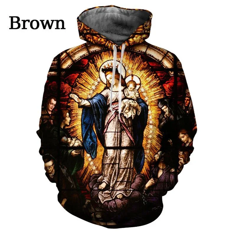 2024 Нови мъже жени мода християнска личност улица вяра унисекс качулки Гуадалупе Дева Мария на Мексико 3D отпечатани палта Изображение 3