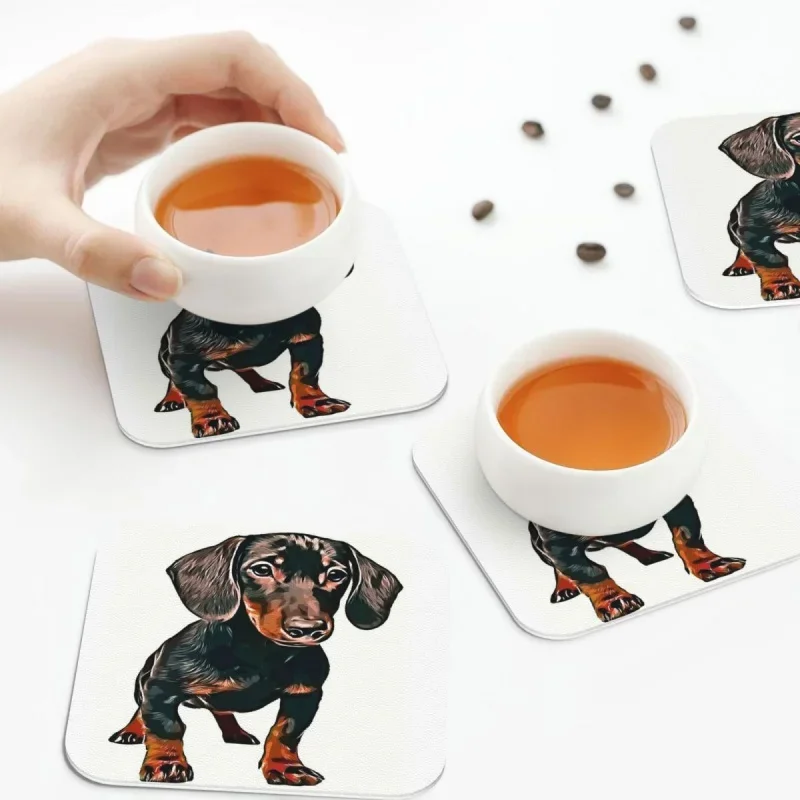 Dachshund Dog Pupy Pet Coasters Кожени подложки Водоустойчива изолация Кафе постелки за декор Начало Кухня Подложки за хранене Комплект от 4 Изображение 3