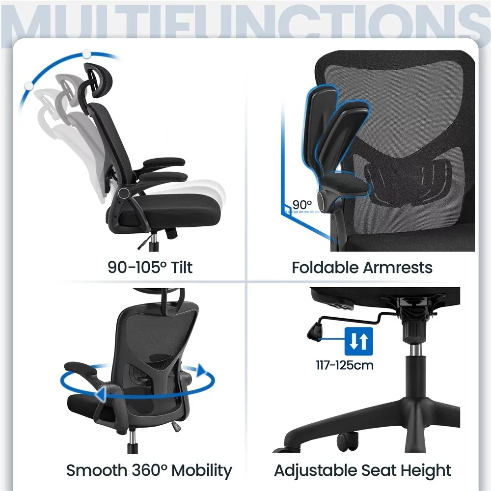 SMILE MART Регулируем офис стол с висока облегалка със сгъваеми подплатени подлакътници, черен Изображение 3
