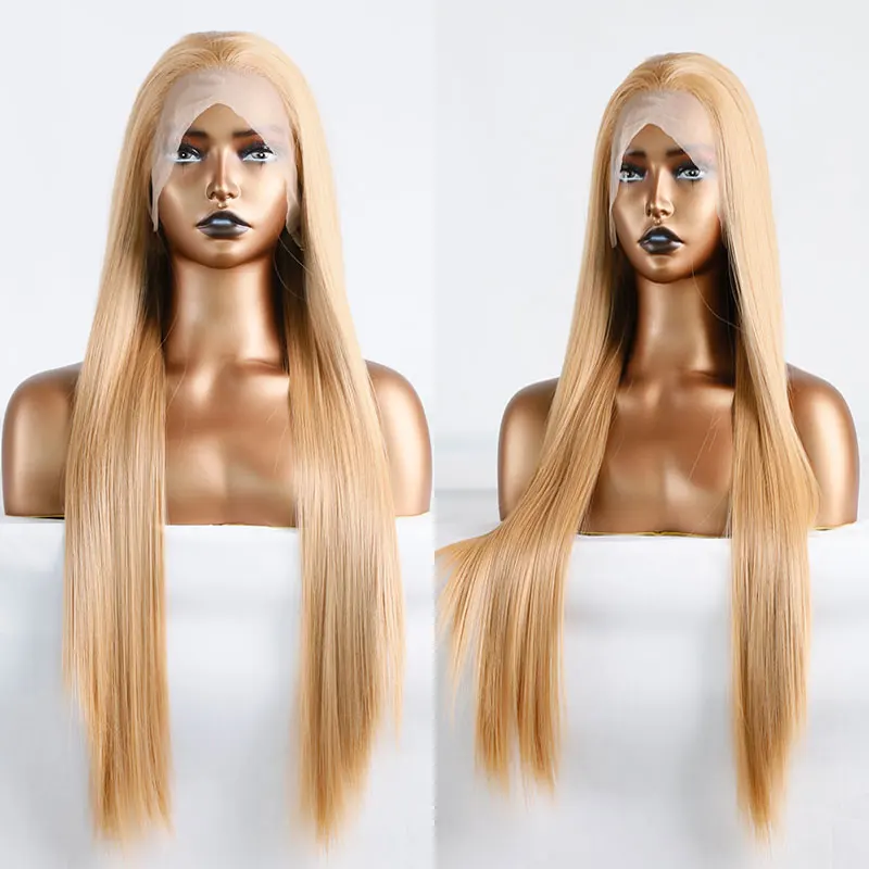 Бомба злато блондинка синтетична коса дантела предни перуки за жени дълга права коса перука топлоустойчиви влакна Daily Cosplay перуки Изображение 3