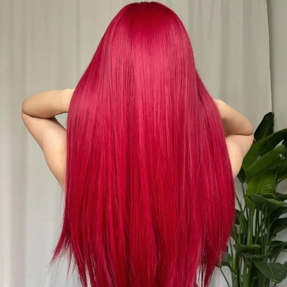 Дълга права синтетична перука със среден бретон червена перука за коса жени косплей естествена коса топлоустойчива пълна глава капак Изображение 3