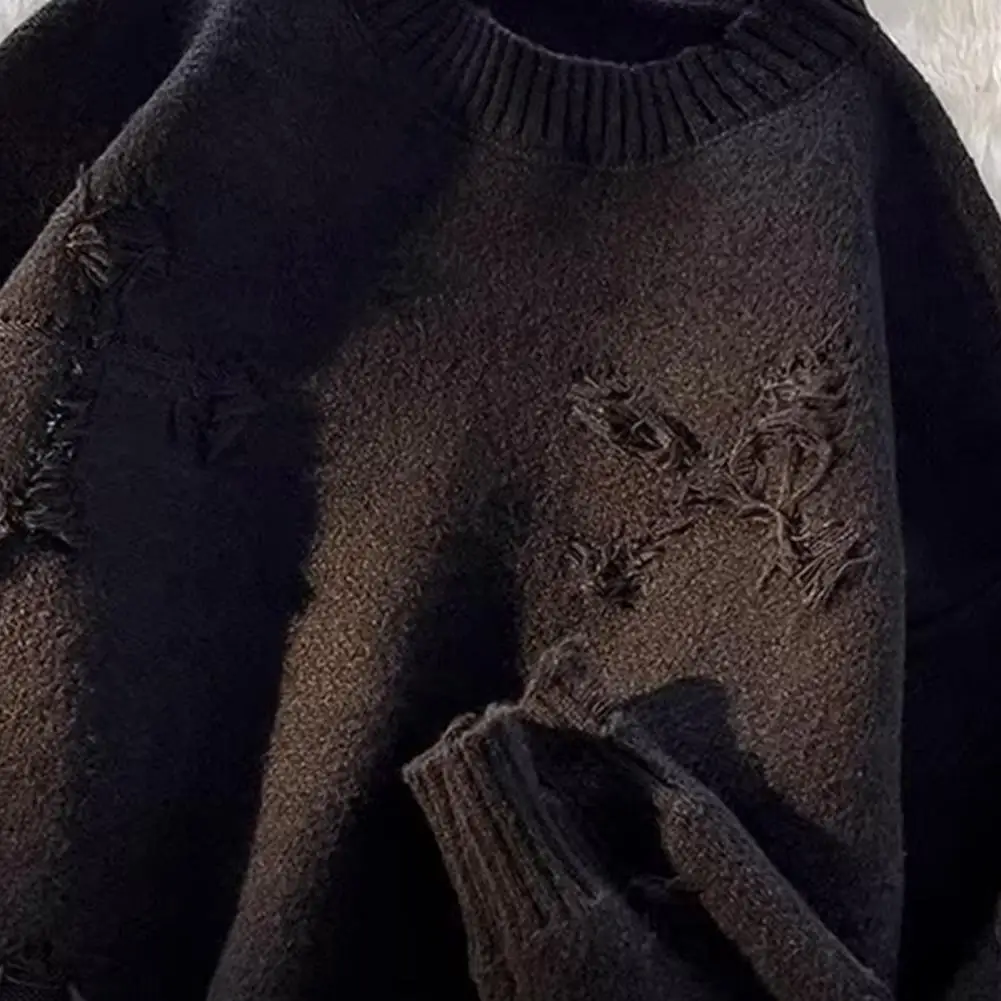 Есен Зима пуловер мъже ретро изтръгнат пискюл кръст модел плетене върховете плътен цвят хлабав O-образно деколте дълъг ръкав пуловер трикотаж Изображение 3