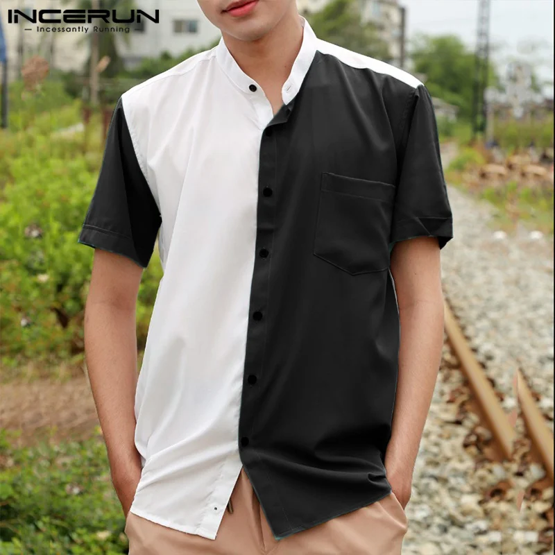Мода случайни стил върховете INCERUN мъже 2-цвят контрастиращи S-5XL мъжки ризи с къс ръкав шевове цвят бутон нагоре лятна блуза Изображение 3