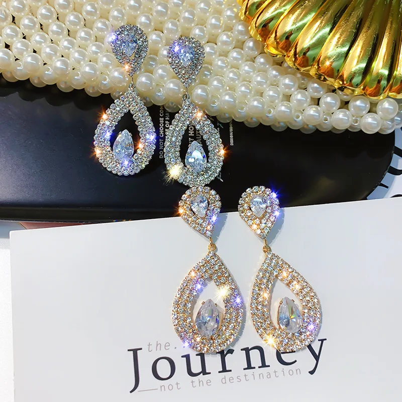 Модерна мода лъскава вода капка диамант кристал обеци за жени 925 сребърна игла луксозни аксесоари за уши бижута подарък Изображение 3