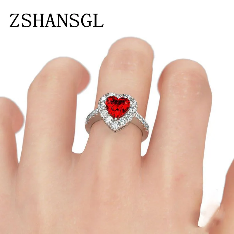 Нов червен цвят циркон сребърен цвят пръстен любов сърце романтичен пръст пръстен за жени сватбени бижута Bague Изображение 3