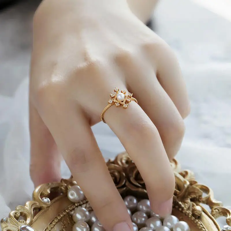 [Първи сняг] Перлен пръстен Изящен темперамент S925 позлатен пръстен Ден на Свети Валентин годишнина рожден ден бижута подарък пръстен Изображение 3