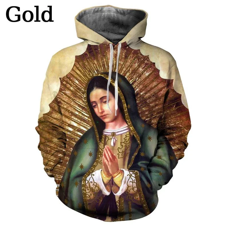 2024 Нови мъже жени мода християнска личност улица вяра унисекс качулки Гуадалупе Дева Мария на Мексико 3D отпечатани палта Изображение 4