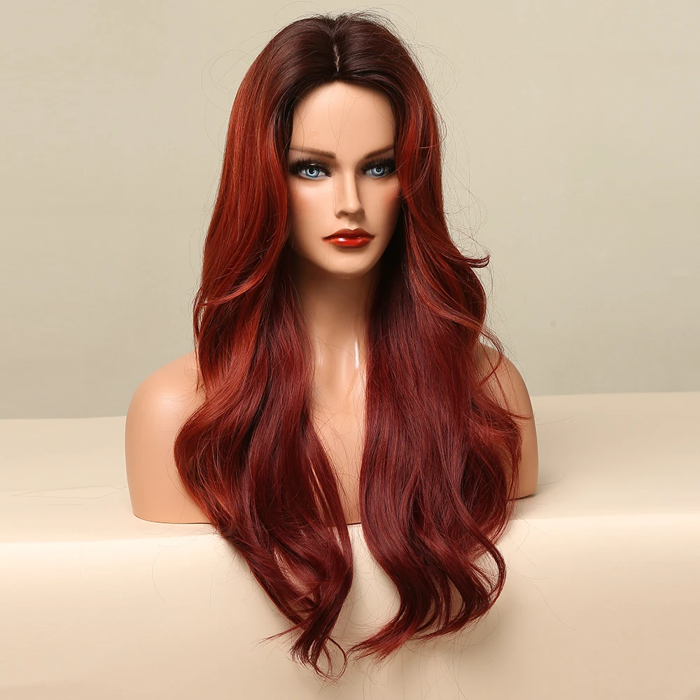 Long Body Wave синтетични перуки Ombre кафява до дълбоко червена перука коса за жени средна част косплей парти Daily топлоустойчиви влакна Изображение 4