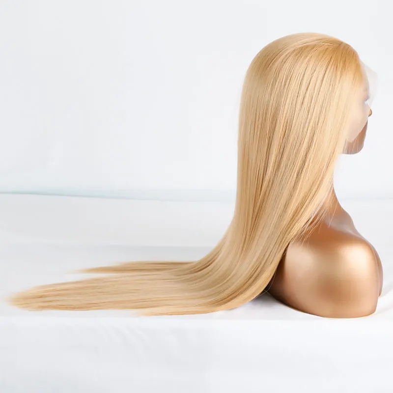 Бомба злато блондинка синтетична коса дантела предни перуки за жени дълга права коса перука топлоустойчиви влакна Daily Cosplay перуки Изображение 4