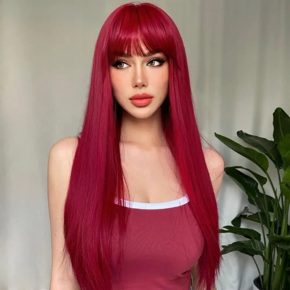 Дълга права синтетична перука със среден бретон червена перука за коса жени косплей естествена коса топлоустойчива пълна глава капак Изображение 4