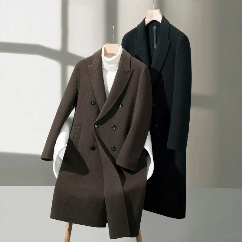 Зимна мода бизнес мъжки тънък годни флип яка средата дължина случайни палто Изображение 4