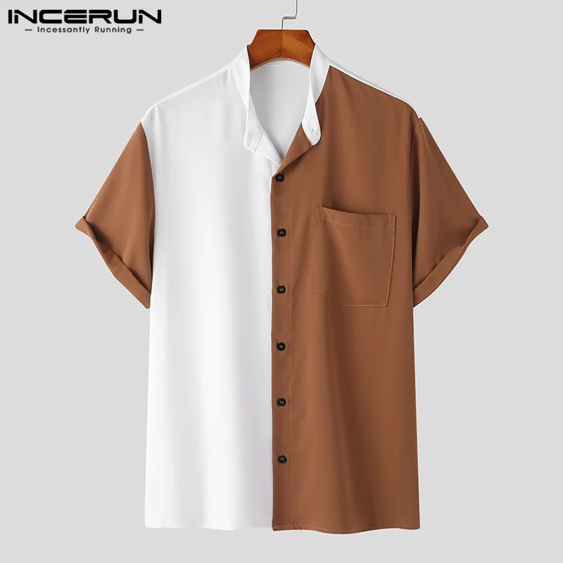Мода случайни стил върховете INCERUN мъже 2-цвят контрастиращи S-5XL мъжки ризи с къс ръкав шевове цвят бутон нагоре лятна блуза Изображение 4