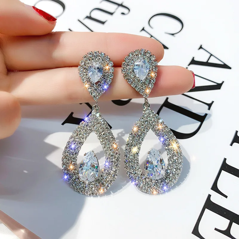 Модерна мода лъскава вода капка диамант кристал обеци за жени 925 сребърна игла луксозни аксесоари за уши бижута подарък Изображение 4