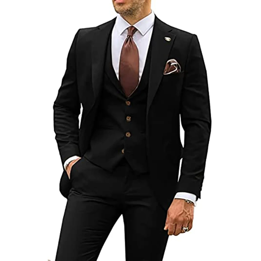 мъжки костюм парти бизнес случайни младоженец смокинг комплекти назъбени ревера блейзър комплекти (блейзър + жилетка + панталони)Slim годни костюм Homme Изображение 4