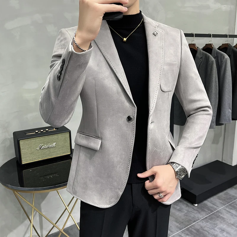 Нови 2024 висококачествени велурени блейзъри за мъже, корейски тънък годни едноредно яке, средна възраст мъж костюм палто Изображение 4