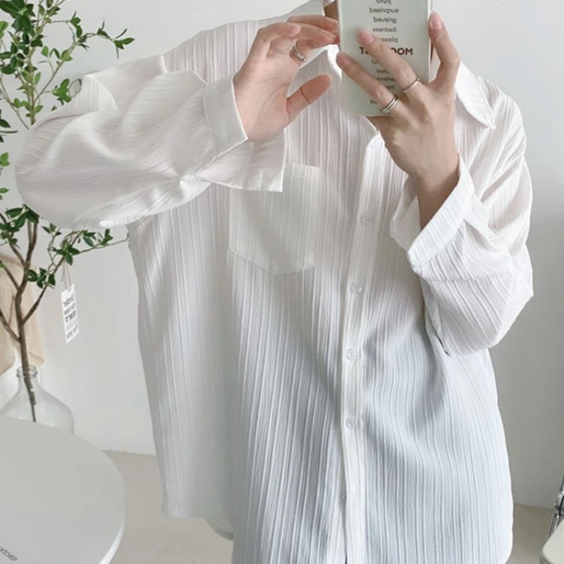Свободни ризи с дълъг ръкав Дамски модни креп върхове джобове твърди пролет лято слънцезащитен офис Mujer Blusas корейски стил Y2k Изображение 4