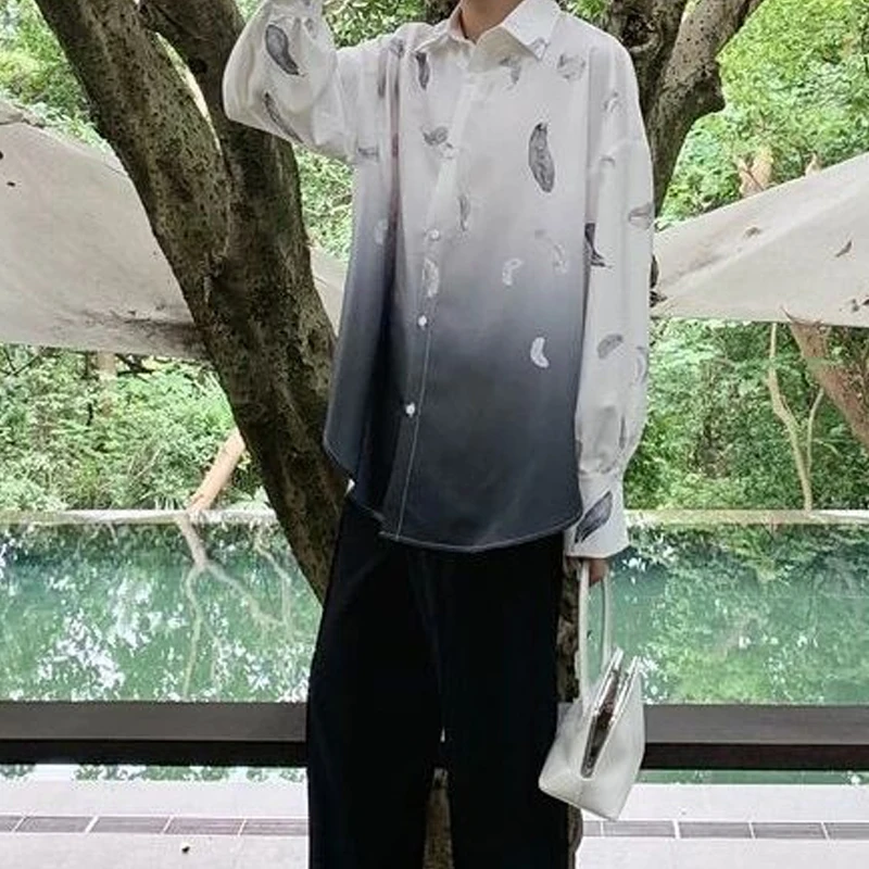 Темперамент Свободен прав красив бутон Мъж Завой-надолу яка дълъг ръкав печат ризи Мода Ежедневни мъжки дрехи 2023 Изображение 4