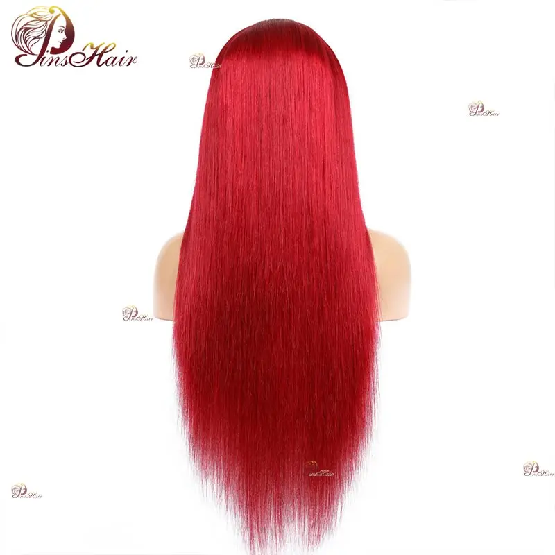 червена дантела отпред перуки от човешка коса права коса бордо 99J цветна 13x4 дантелена предна перука за жени предварително оскубана Remy човешка коса 180% Изображение 4