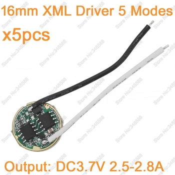 5pcs 16mm диаметър DC3.7V 5 режима LED драйвер вход DC3.7-4.2V изход DC3.7V 2.5-2.8A за Cree XM-L XML T6 висока мощност LED излъчвател