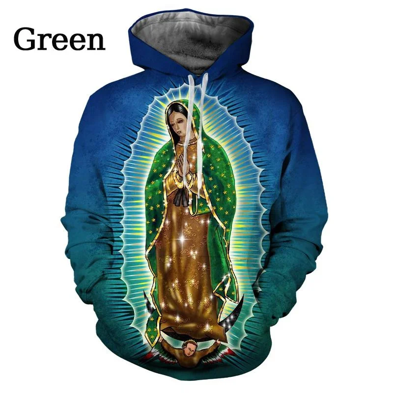 2024 Нови мъже жени мода християнска личност улица вяра унисекс качулки Гуадалупе Дева Мария на Мексико 3D отпечатани палта Изображение 5