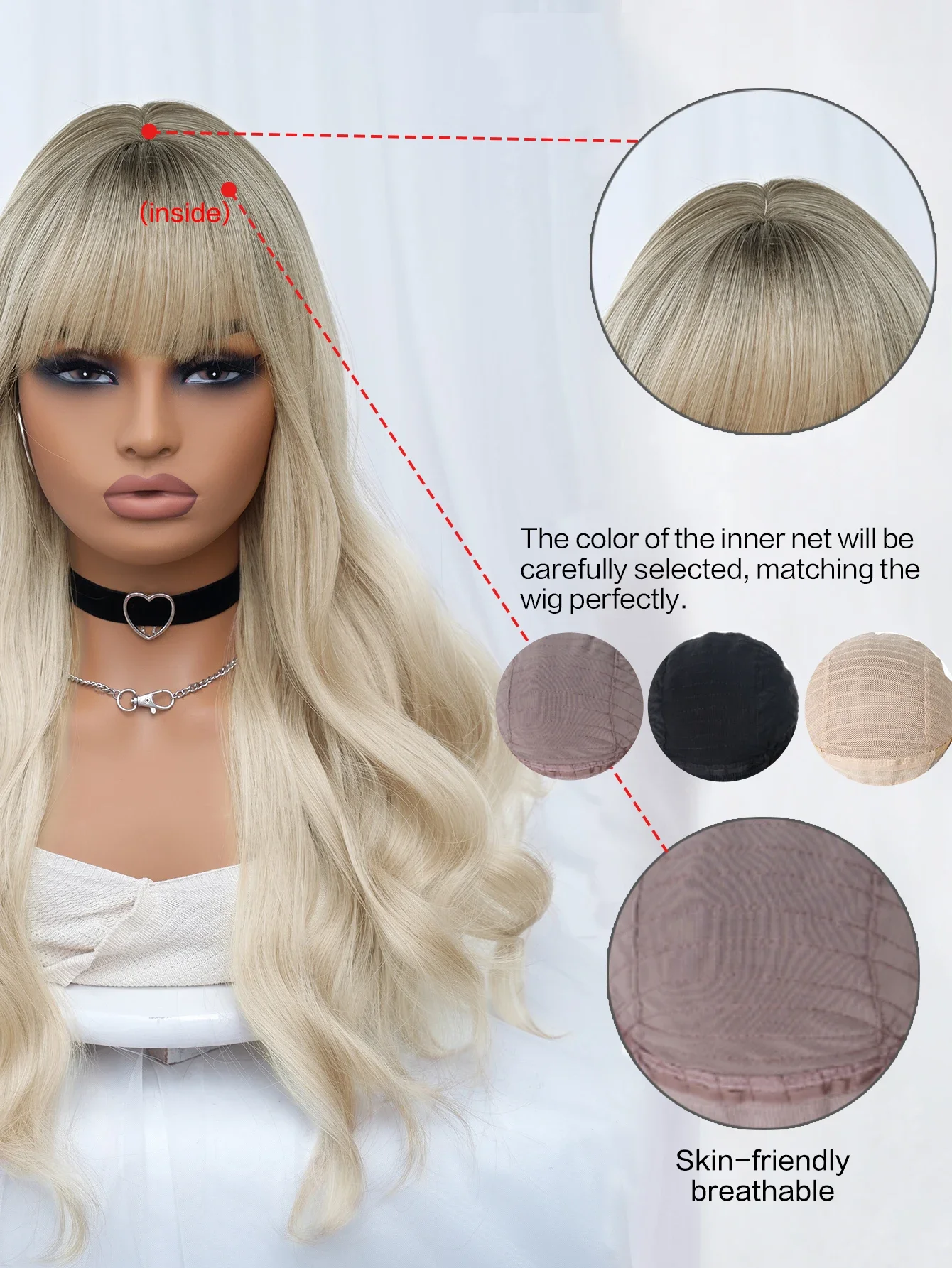 26Inch Blond Golden Gradient Black Brown Synthetic Wigs with Bangs Long Natural Wavy Hair Wig for Women Ежедневна употреба Топлоустойчива Изображение 5