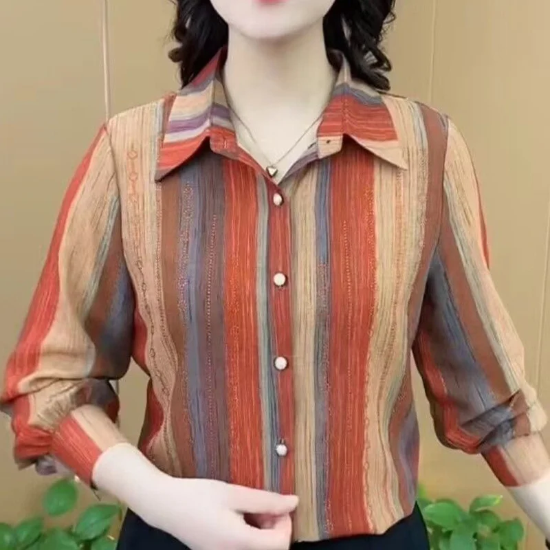 Жените Rhinestone райета печат елегантен бутон нагоре риза пролет есен корейската мода ревера дълъг ръкав блуза хлабав дами върховете Изображение 5
