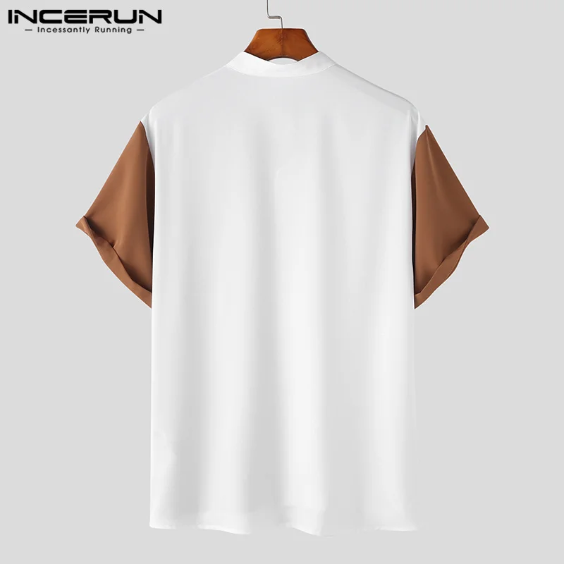 Мода случайни стил върховете INCERUN мъже 2-цвят контрастиращи S-5XL мъжки ризи с къс ръкав шевове цвят бутон нагоре лятна блуза Изображение 5