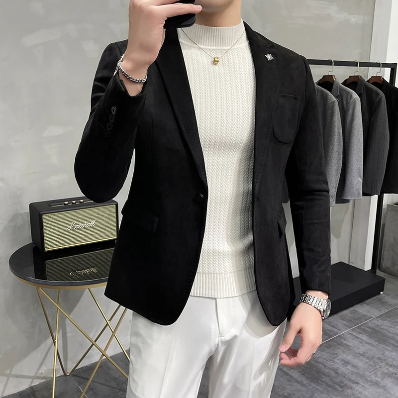 Нови 2024 висококачествени велурени блейзъри за мъже, корейски тънък годни едноредно яке, средна възраст мъж костюм палто Изображение 5