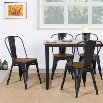 Alden Design метални стифиращи се столове за хранене с дървена седалка, комплект от 4, черни столове за хранене мебели