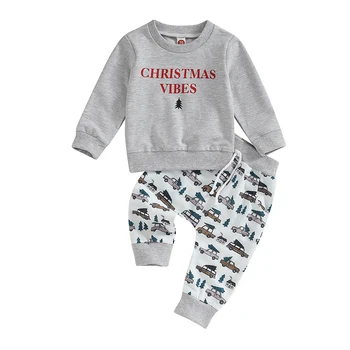 Baby Boy 2 Piece Outfits Christmas Print Суитчър с дълъг ръкав и еластични панталони Детски есенни дрехи