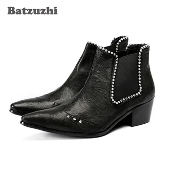 Batzuzhi 6.5cm ток ботуши мъже посочи пръсти черна кожа глезена ботуши с кристали мъжки парти рокля обувки Botas Hombre,US12 EU46