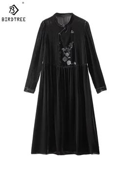 Birdtree 100% черница коприна реколта кадифе рокли бродерия флорални дълъг ръкав дебела дълга рокля елегантен есен зима D3N924QM