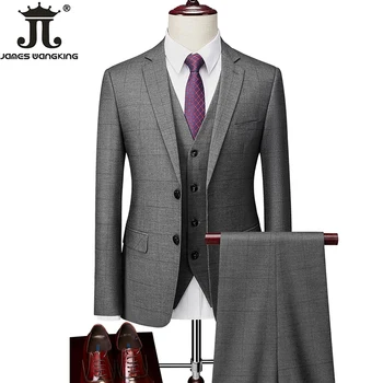 (Blazer + Vest + Pants) Висок клас марка Мъжки официален бизнес проверен костюм 3-парче комплект младоженец сватбена рокля парти домакин решетка сив костюм