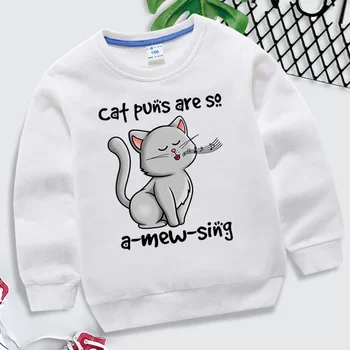 Cartoon Cats Детски суичъри Cat Puns Are So A Mew Sing Printed Пуловер Момиче с дълъг ръкав Streetwear Kawaii Baby Boy Hoodie