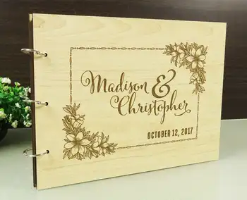 Custom Floral Guestbookw с име и дата , Сватбена книга за гости, Персонализирана книга за гости, Дървена книга за гости