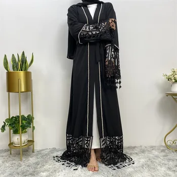 Eid черен пискюл дантела отворен Abaya жени мюсюлманска рокля Рамадан кимоно жилетка колан ислям облекло Дубай Кафтан Турция халат рокля