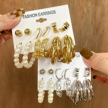 FNIO Модерен златен цвят Geometirc кръгла перла обръч обеци комплект за жени пеперуда змия обръч обеци бижута подарък