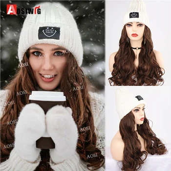 Hat перука синтетични дълги вълнообразни перуки за жени шапка трикотажни топла есен зимата капачка коса перука естествено свържете косата