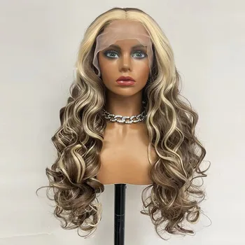 Highlight Blonde Synthetic Lace Front Wig for Women Long Wavy Body Wave Frontal Wigs Brown Preplucked Natural Hair Daily Use