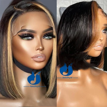 Highlight Bob Wig Human Hair for Women Side Part 13X6 Deep Part Lace Frontal Short Bob with Bangs Honey Blonde Brown Glueless Wi