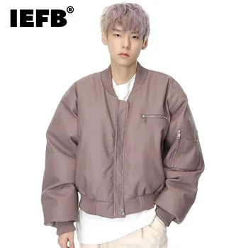 IEFB удебелени мъжки PU кожени якета американски стил цип джобове плътен цвят мъжки кратко палто нова мода пролет 2024 9C4289