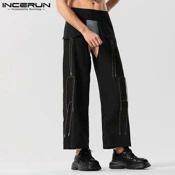 INCERUN 2023 Нови мъжки панталони Модни секси панталони с кух дизайн Ежедневни добре прилепнали мъжки твърди шнурове Вратовръзка Pantalons S-5XL