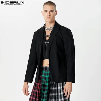 INCERUN Върхове 2023 Американски стил мода мъжки метални катарама дизайн костюм палта случайни добре монтаж твърди дълъг ръкав нетактичност S-5XL