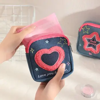 Ins Kawaii мода червило чанта за съхранение любов сърце кърпа портфейл бродирани деним монета чанта корейски стил грим чанта