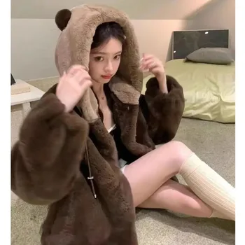 Kawaii мечка уши подплатени яке зимни пухкави плюшени дълъг ръкав светлина меки Harajuku изкуствена кожа сива врана палта сладко момиче