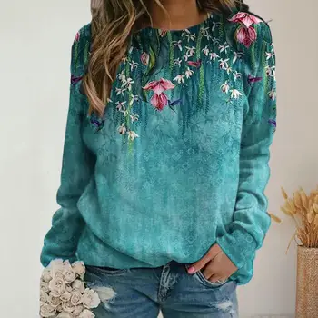 Lady реколта Топ реколта флорални раирани печат суитчър етнически стил хлабав пуловер за жени дълъг ръкав тениска блуза жени